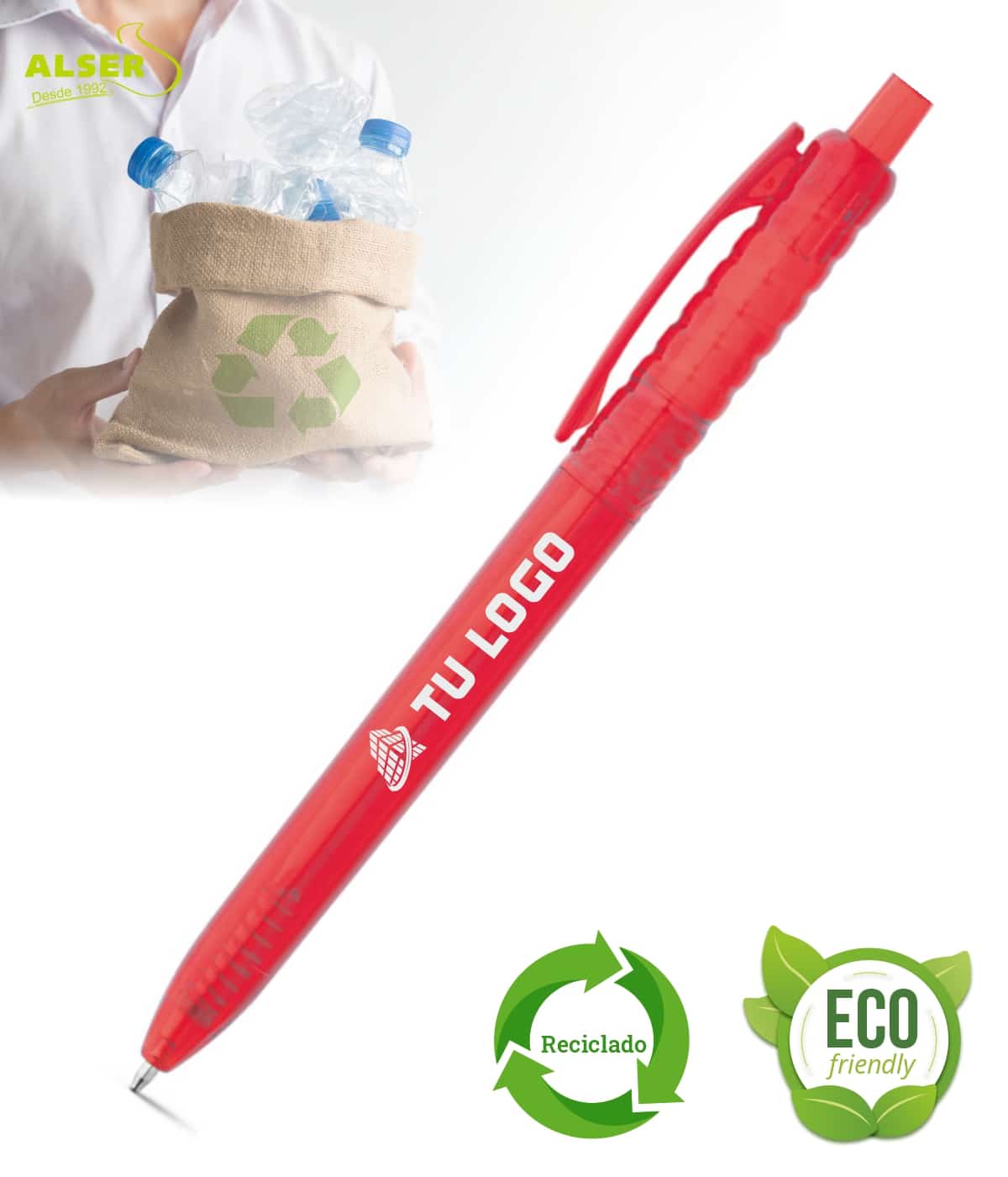 Boligrafo sostenible PET rojo personalizado