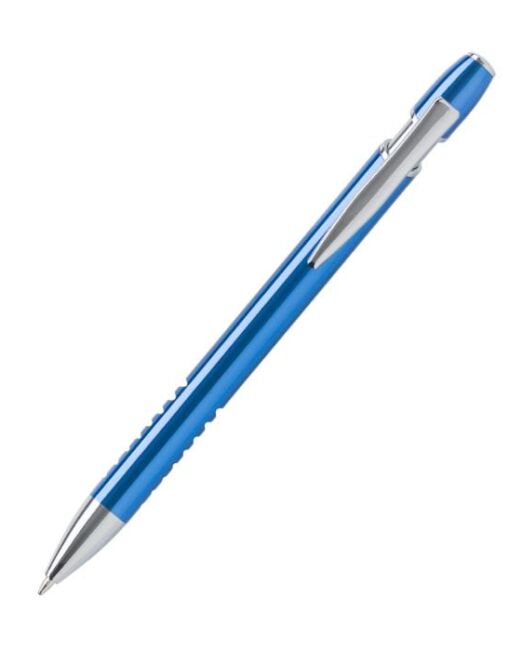 Bolígrafo diseño especial fabricado en aluminio, con terminación UV, este es un recubrimiento eficaz que le da una terminación mas brillante. Terminales cromado y la caña tiene unas hendiduras de diseño en su parte inferior. Escritura tinta azul.