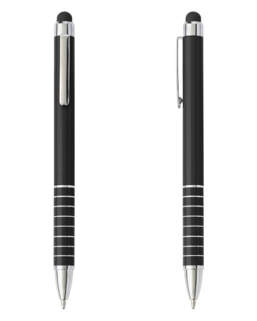 Bolígrafo Touch de tamaño reducido y con mucho estilo, fabricado en aluminio lacado, su punta para PDA en la parte superior es de color a juego con el cuerpo. Detalle de 8 anillas plateadas en la parte inferior. Mecanismo de giro. Escritura tinta azul.