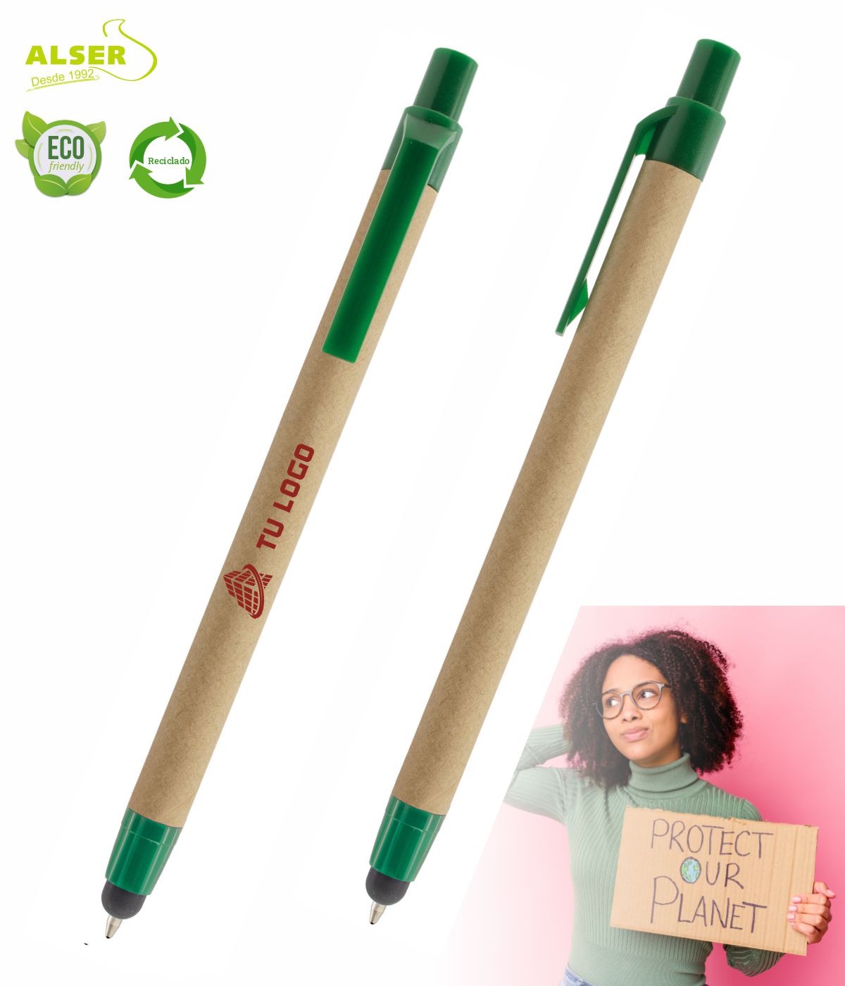 bolígrafo carton reciclado touch verde personalizado
