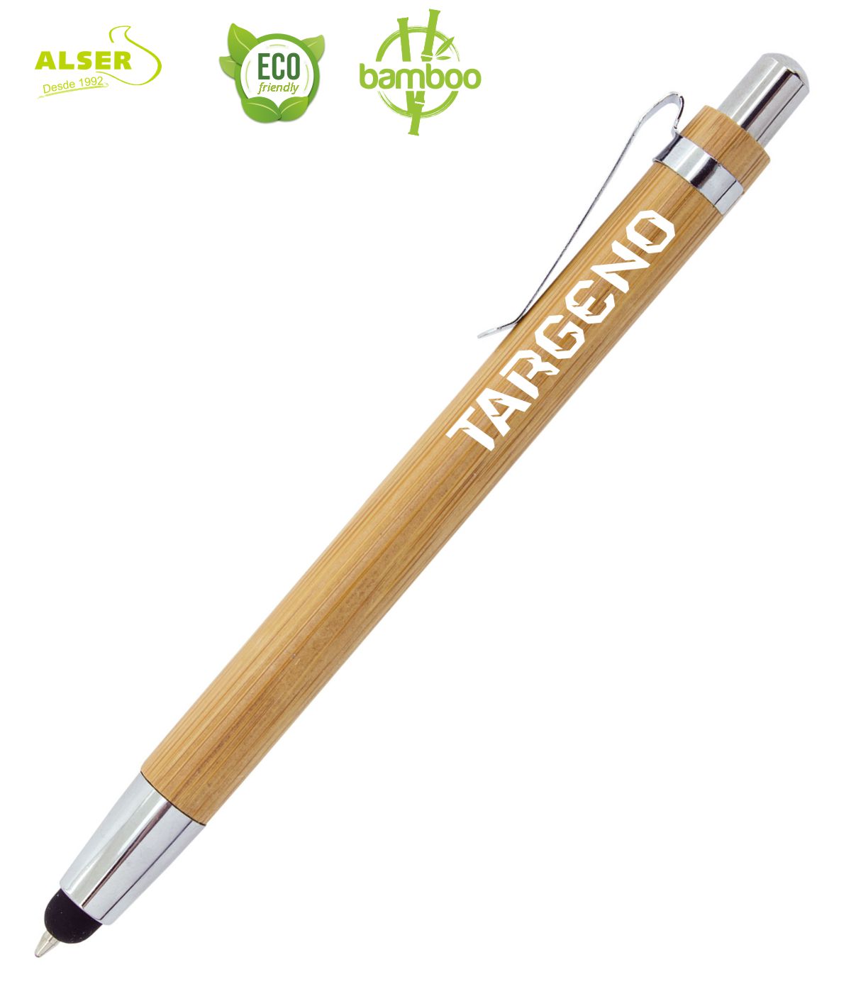 boligrafo de madera de bambu y punta touch personalizado
