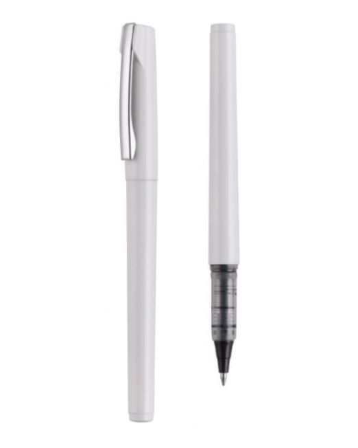 Bolígrafo Rollerball Elegante en plástico blanco total, se distingue el color de su escritura por el contraste de color que lleva en la parte superior de su capuchón. Clip metálico. Práctico y sencillo.