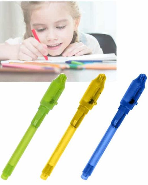 Bolígrafo Tinta Invisible y luz UV. El mensaje aparece cuando se ilumina con el bolígrafo. Pilas Incluidas. Regalos Publicitarios para niños