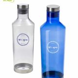 Botella de agua transparente personalizable para regalo de empresa. colores azul y blanco