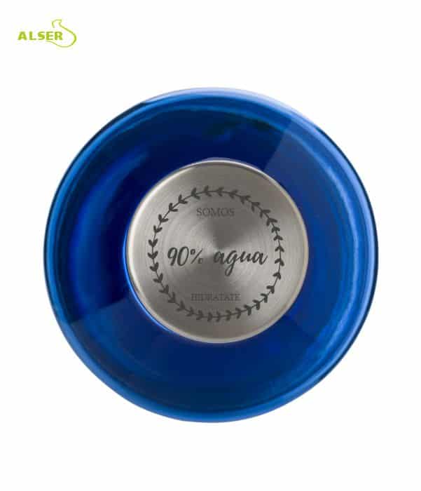 Botella de agua transparente personalizable para regalo de empresa. Detalle del tapon