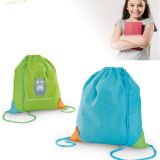 Mochila saco infantil para publicidad. Dos colores, verde y azul