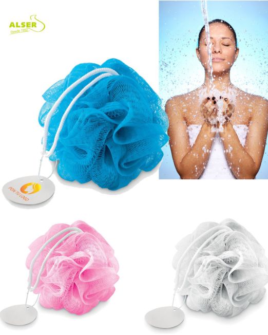 Esponja ducha personalizada para promociones de empresa, Colores Azul, Rosa y Blanca