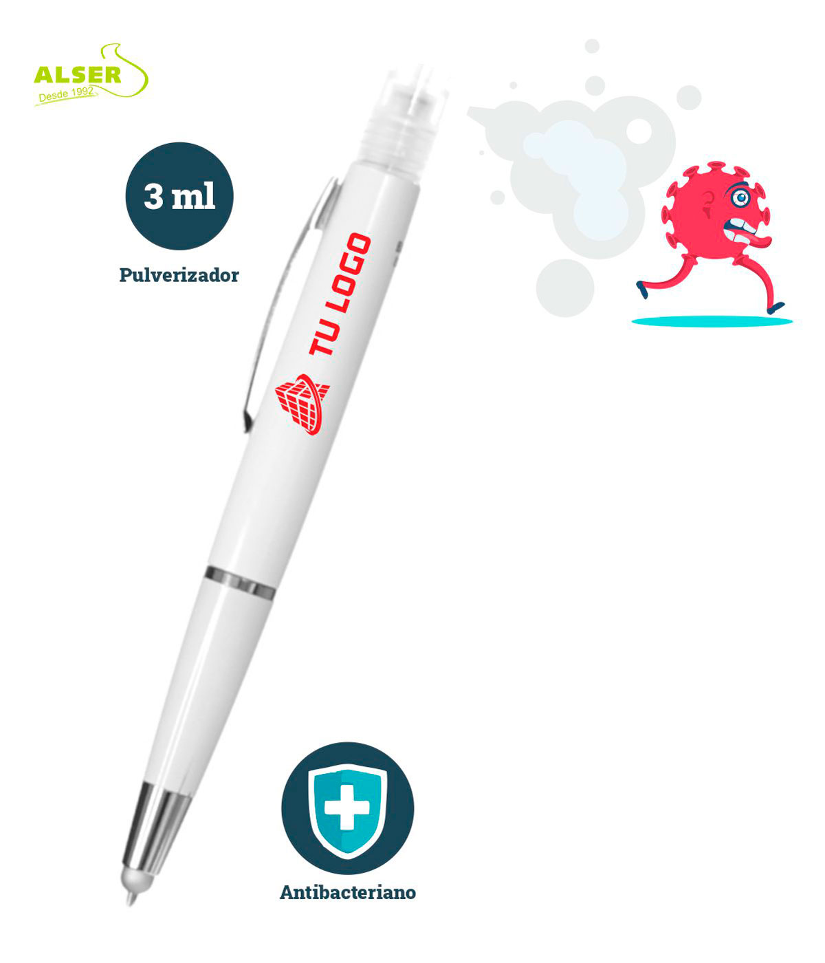 Bolígrafo con pulverizador para gel higienizane. Color blanco. Incluye tapa para no pulsarlo por error y punta touch