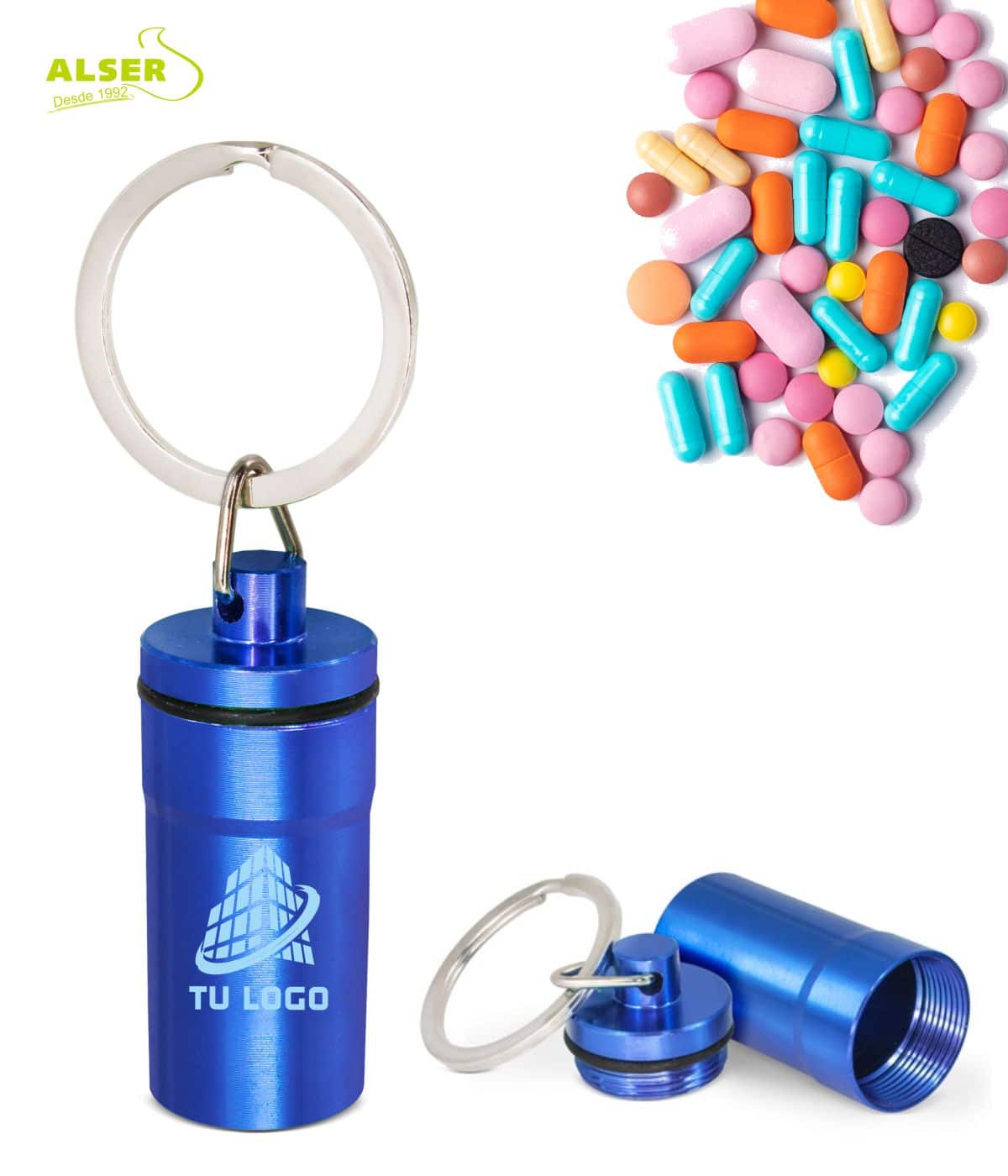 Llavero pastillero aluminio azul personalizado con logotipo