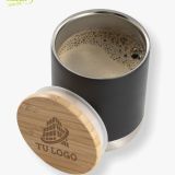 Vaso de acero negro con tapa de bambu personalizada
