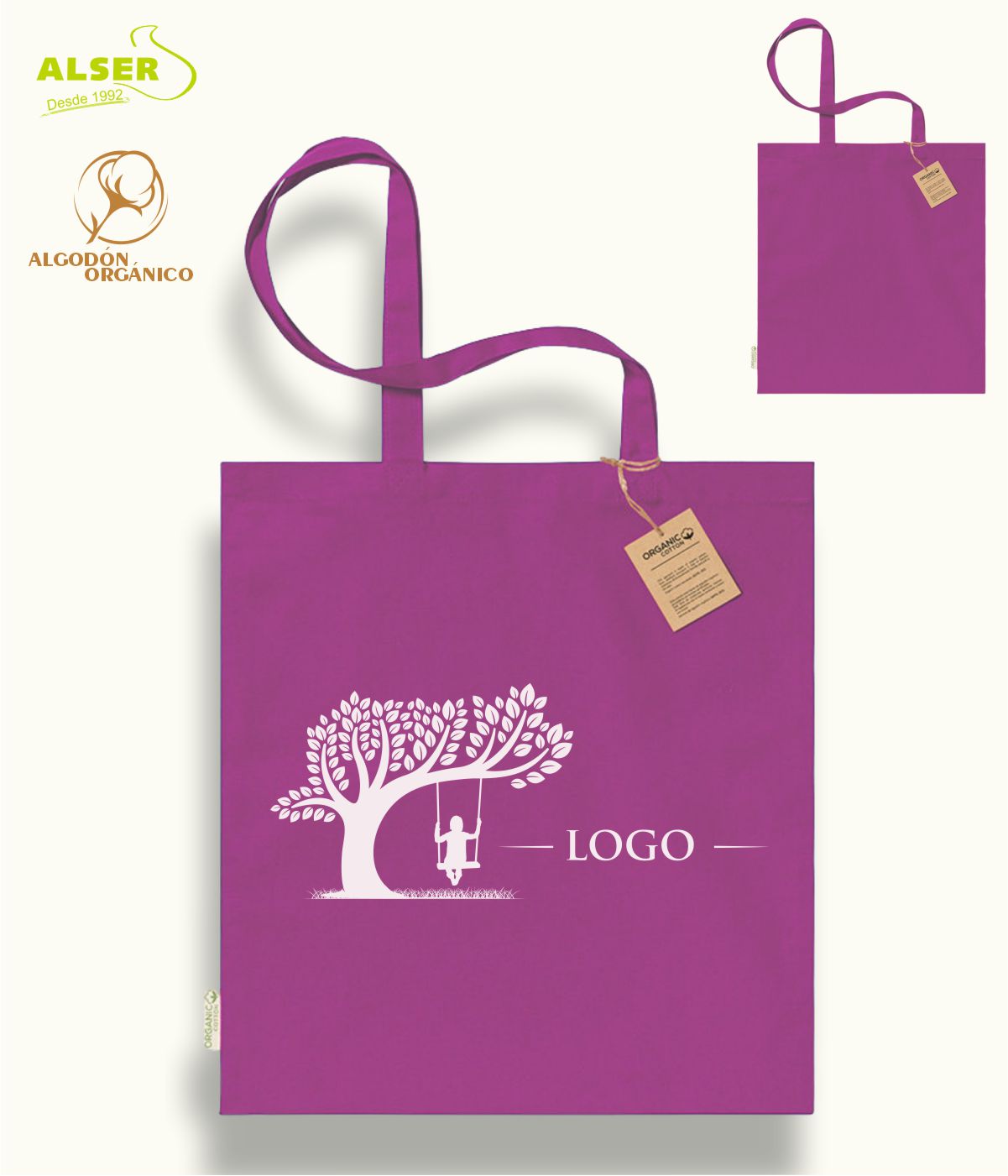 Bolsa algodon organico morada con logotipo