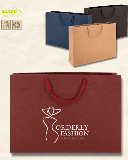 Bolsa de cartón kraft ancha con asas de cordón. Personalizada con tu logotipo para publicidad de empresas y comercios.