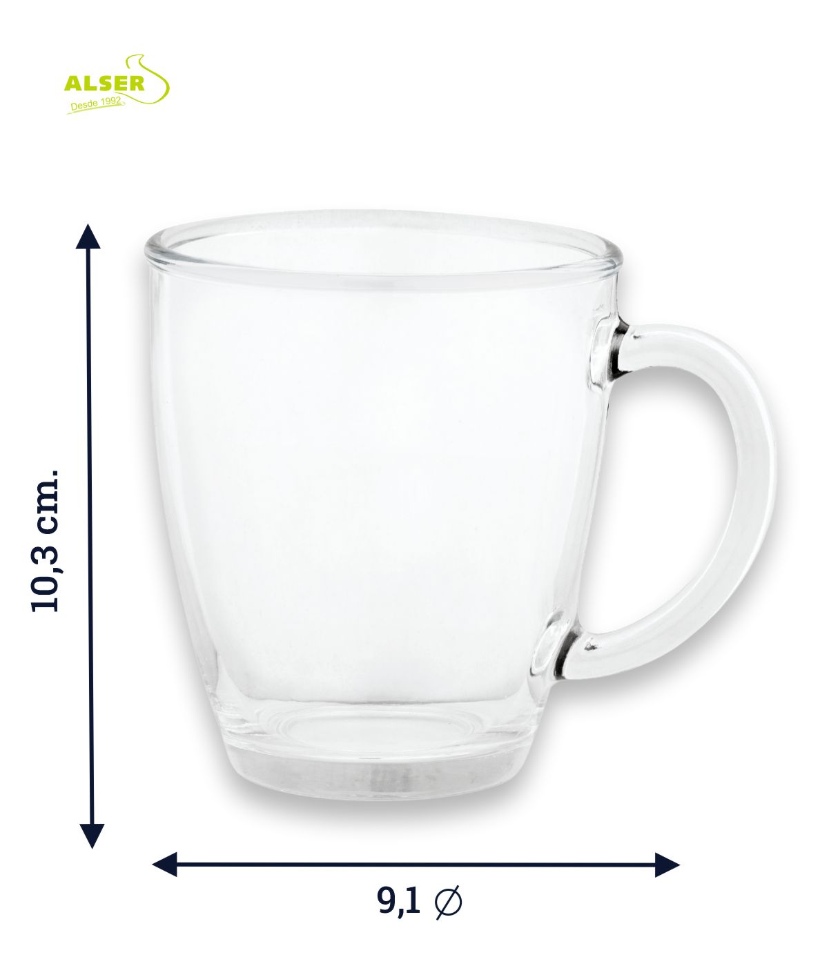 resistencia diseñador suspensión Taza de café de cristal personalizada con logo. 390 ml.