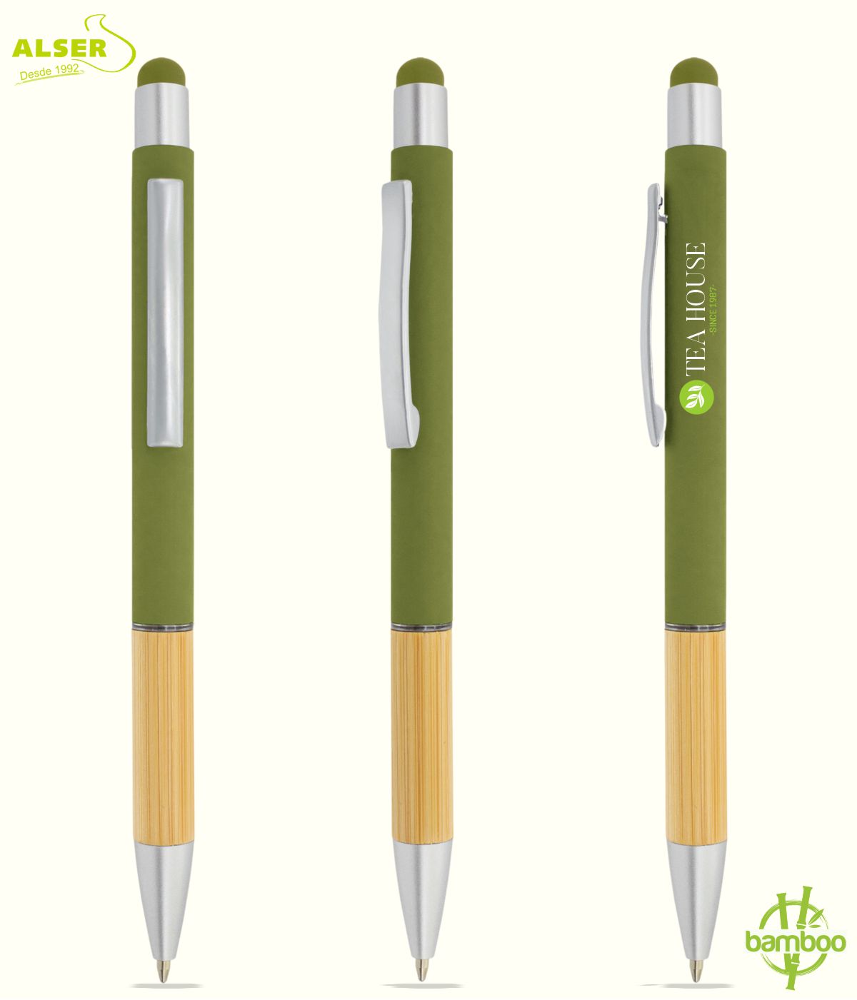 Bolígrafo bambu soft verde con logotipo