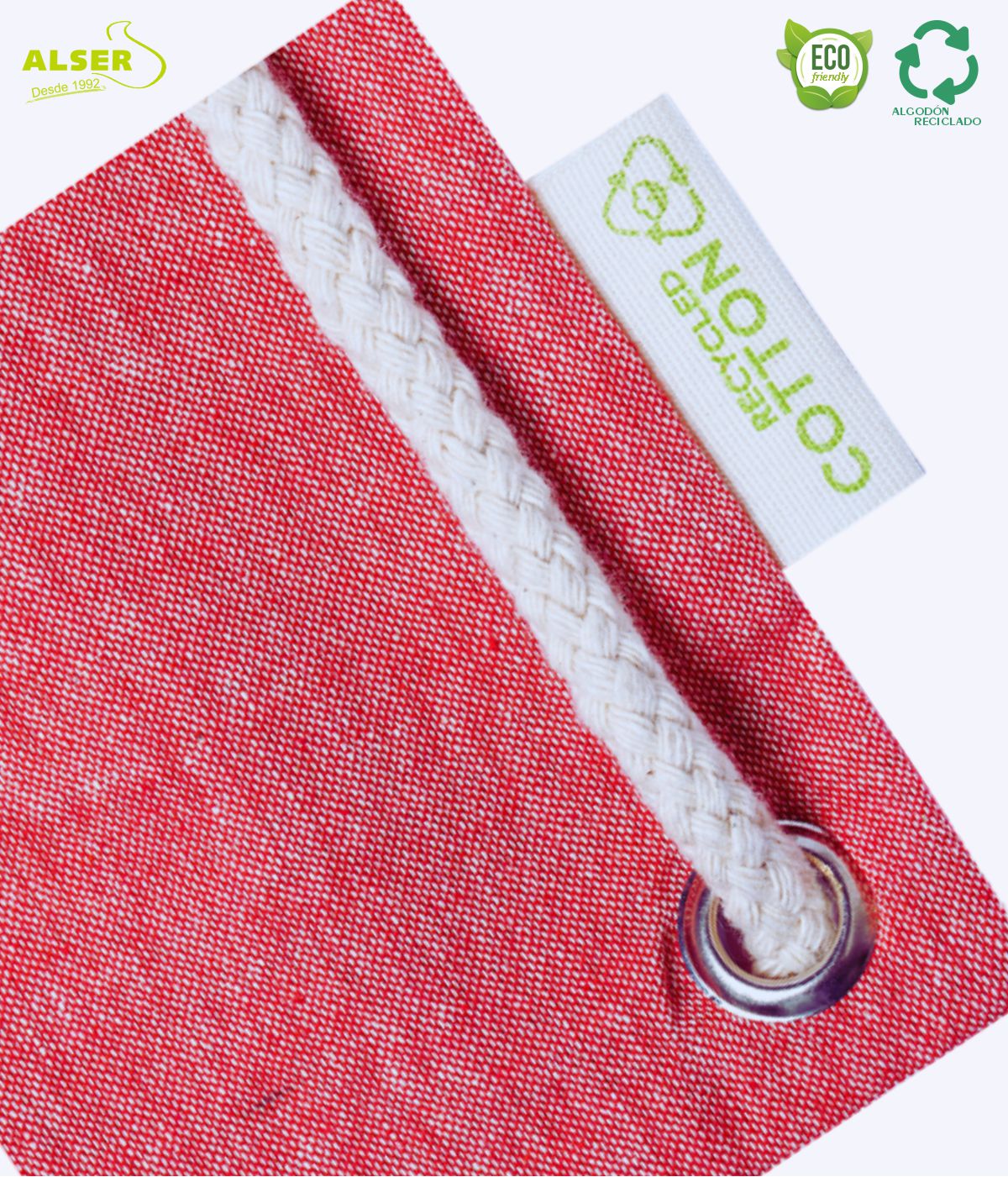 Detalle Bolsa mochila etiqueta algodon reciclado