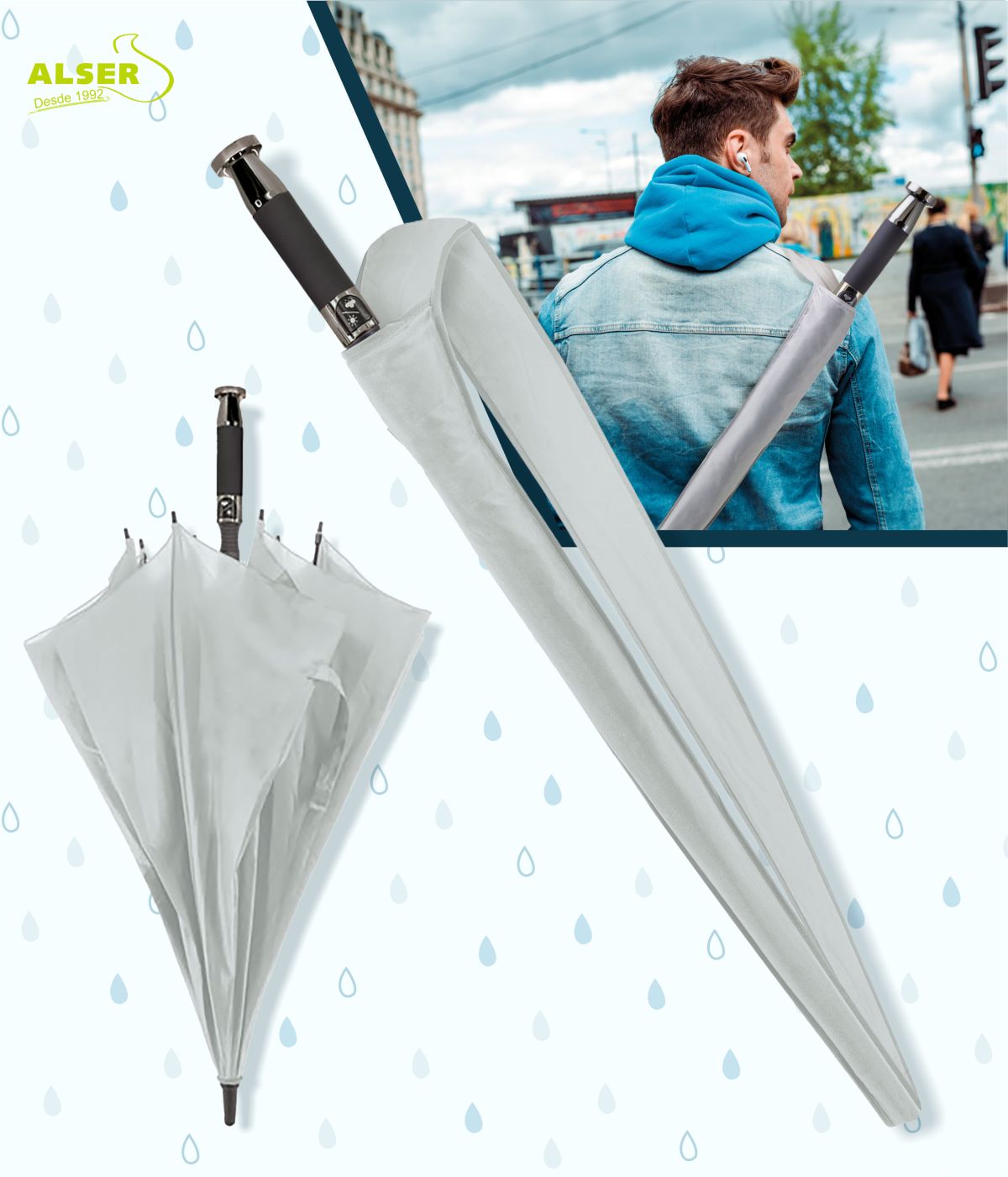 Paraguas bandolera promocional gris