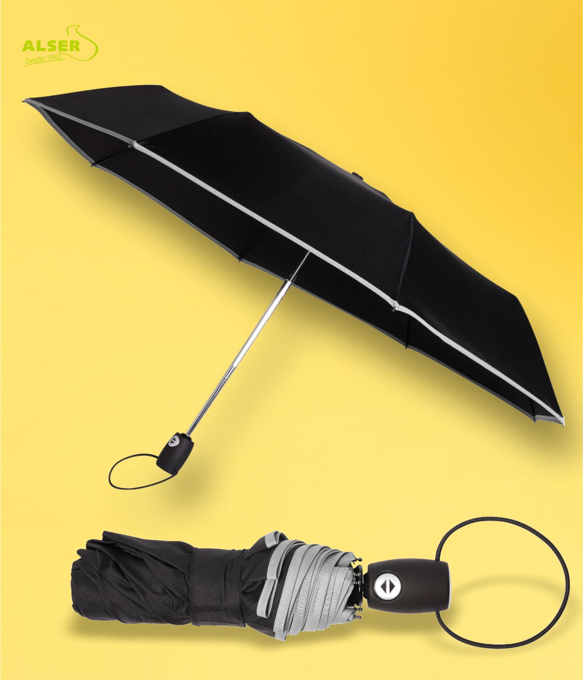 Paraguas plegable antiviento negro Gris abierto