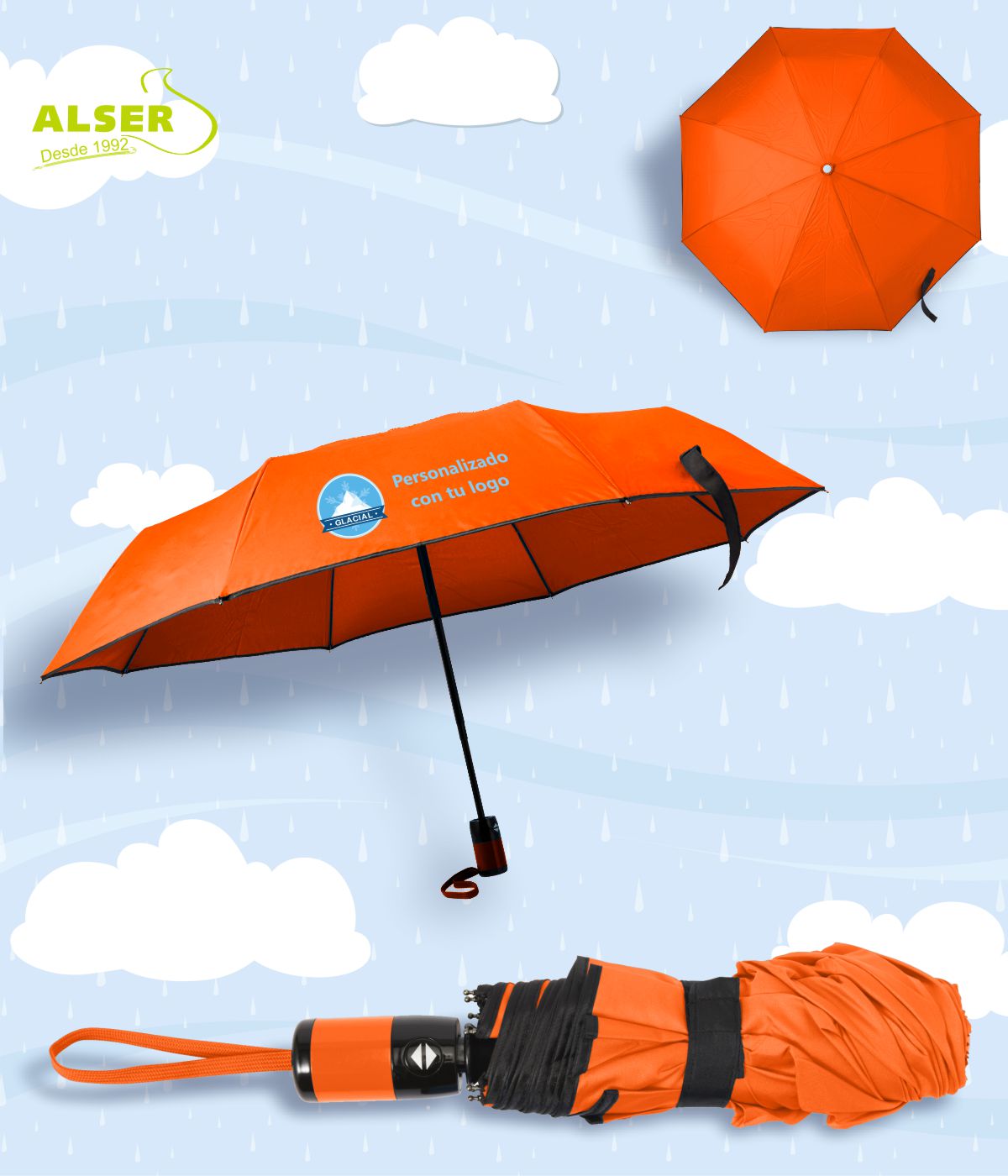 Paraguas plegable automatico Naranja Personalizado