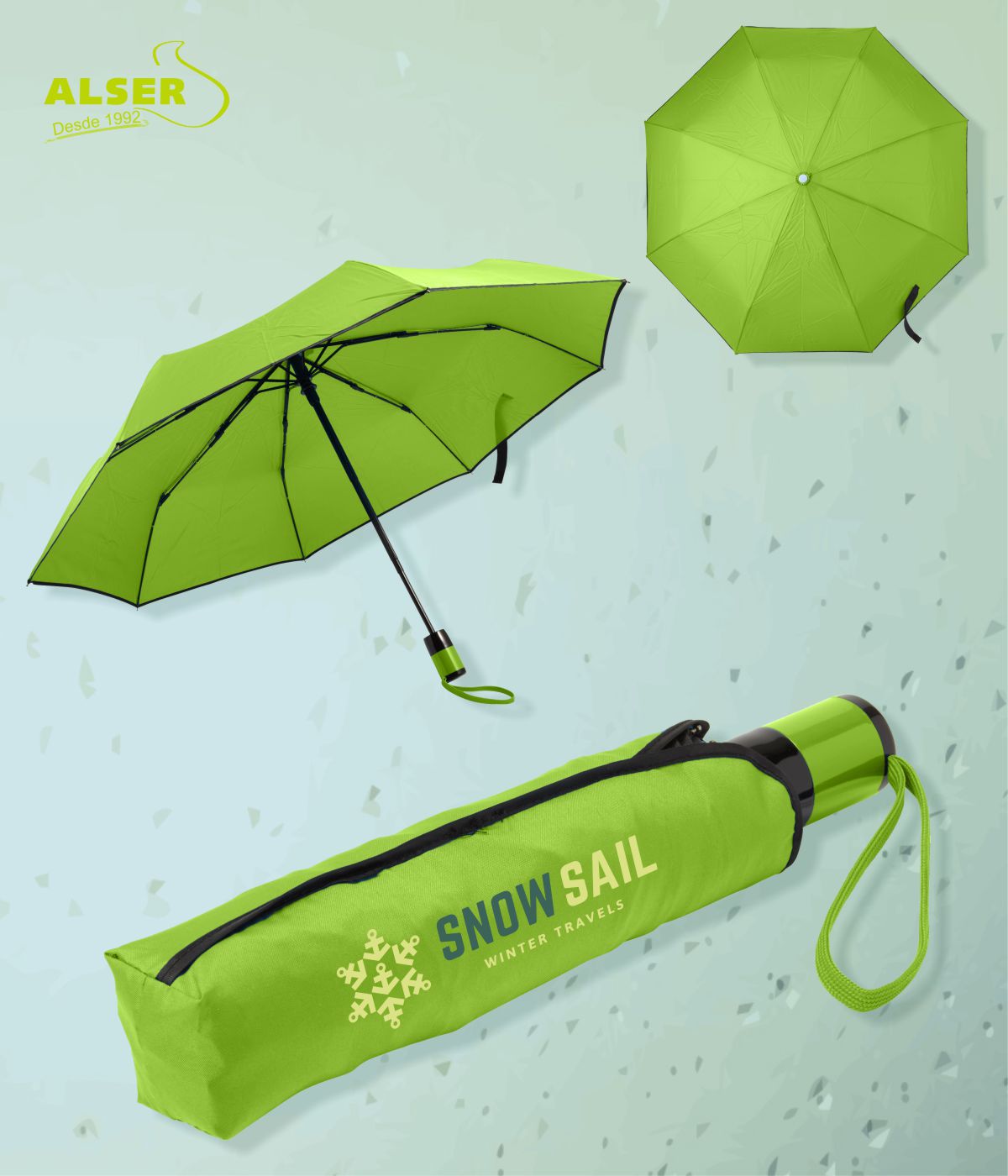 Paraguas plegable automatico verde con logo en la funda
