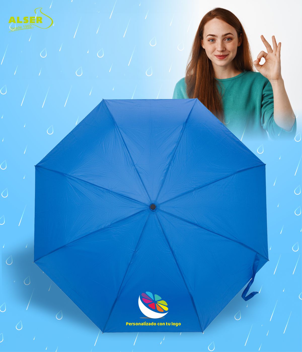 Paraguas Plegable Mango Curvo Azul publicitario