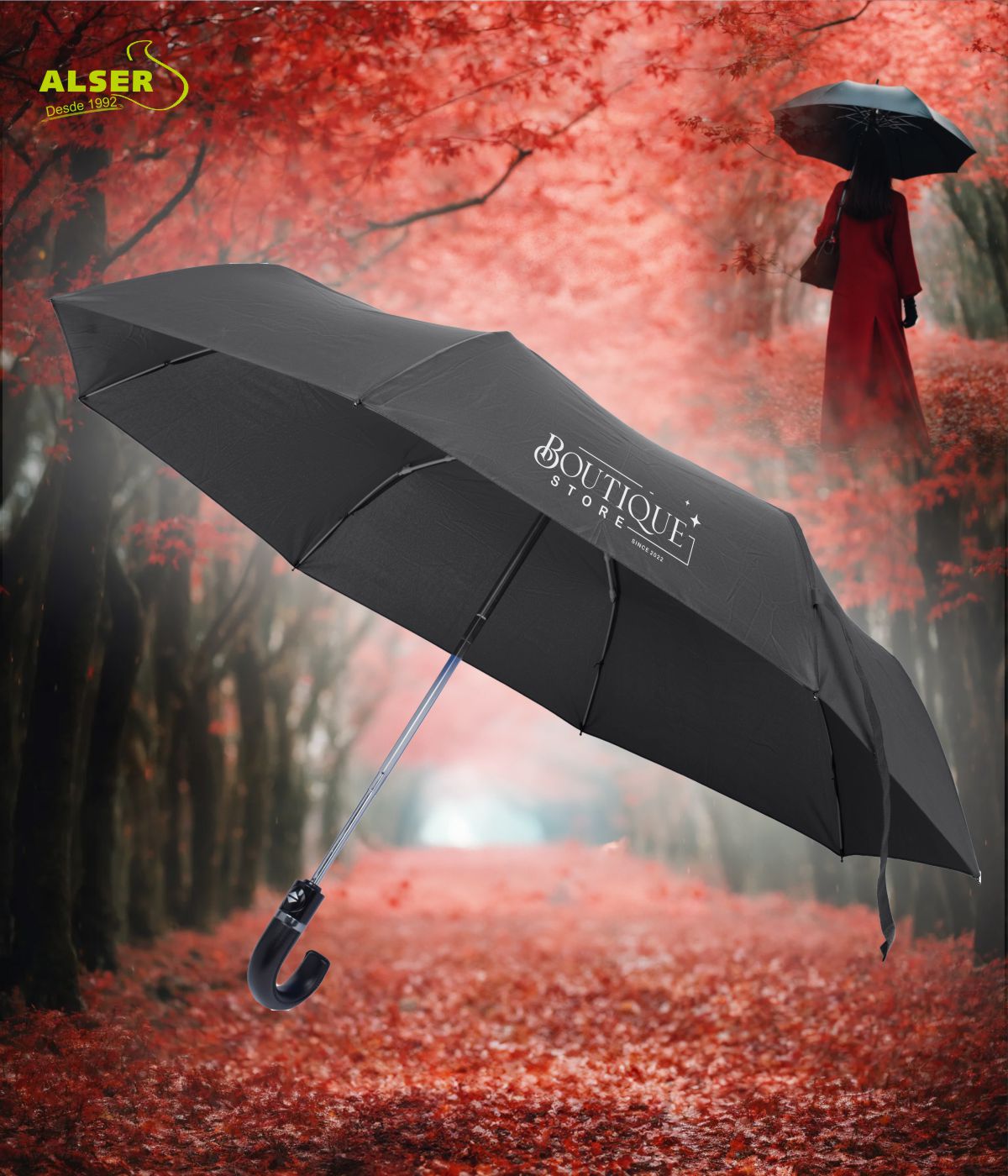 Paraguas Plegable Mango Curvo negro con logo