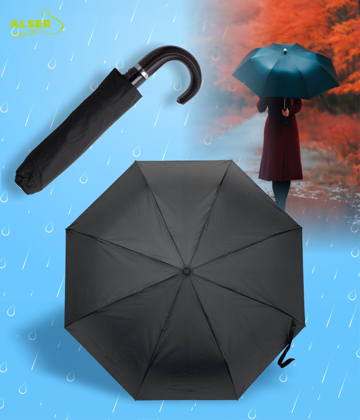 Paraguas Plegable Mango Curvo Negro